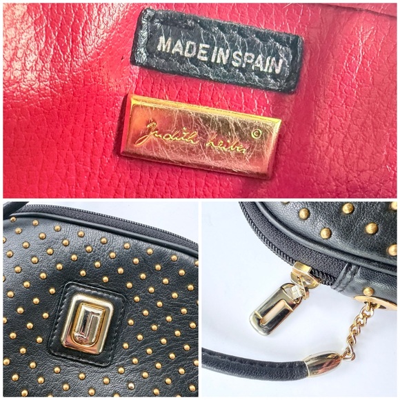 Vintage Judith Leiber Black Leather Gold Studded Red Lined Crossbody Bag Spain - Picture 14 of 16